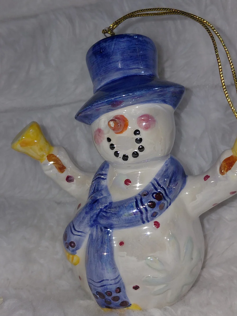 Hand-Painted Vintage Ceramic Snowman Ornament - Blue Hat & Scarf
